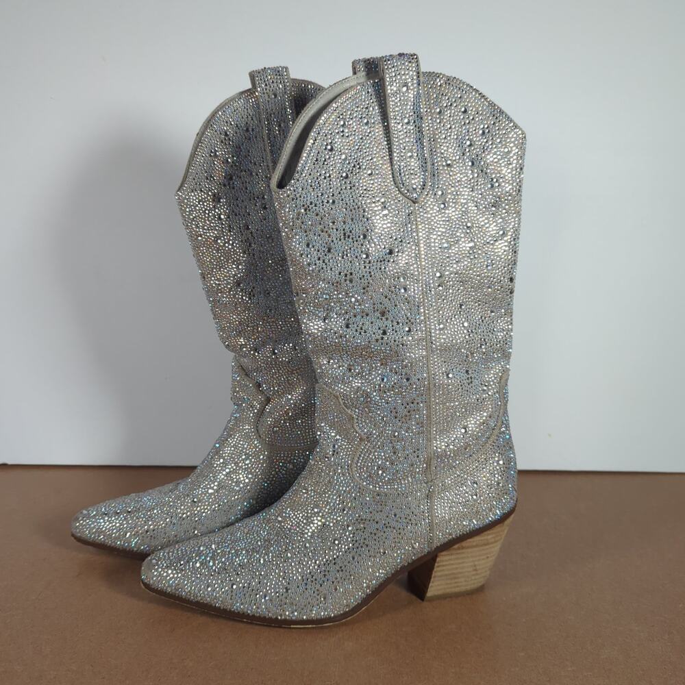 Silver Rhinestone Cowboy Boots Western Cowgirl Pointed Toe Block Heel Sz 9